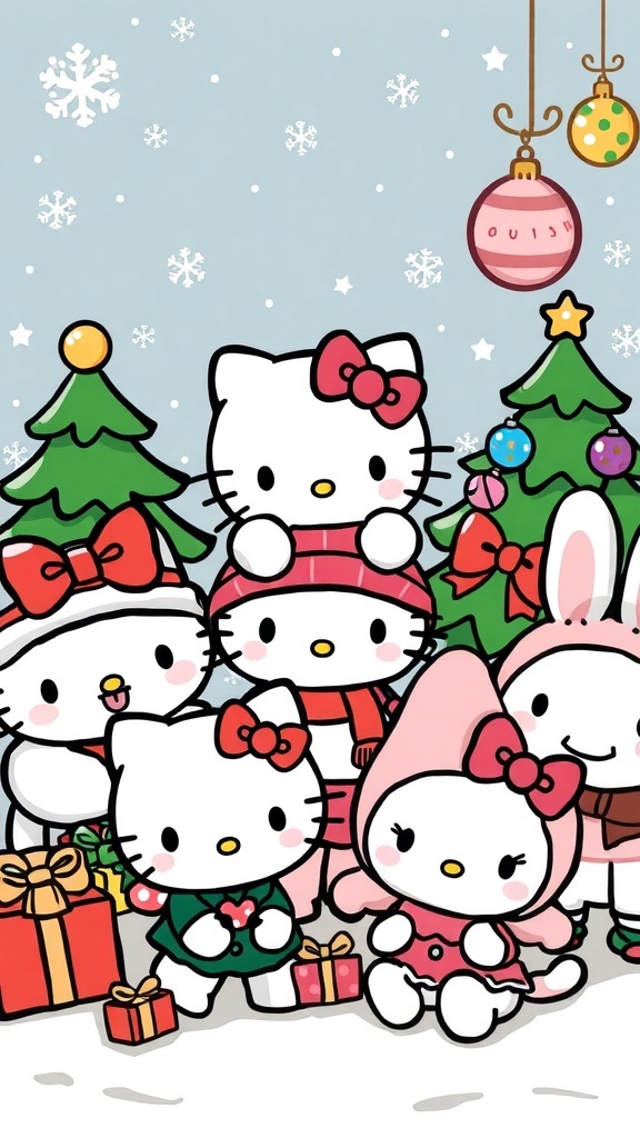 Sanrio Christmas Aesthetic Wallpaper Sanrio characters in Christmas attire surrounded by festive decorations and snowflakes.